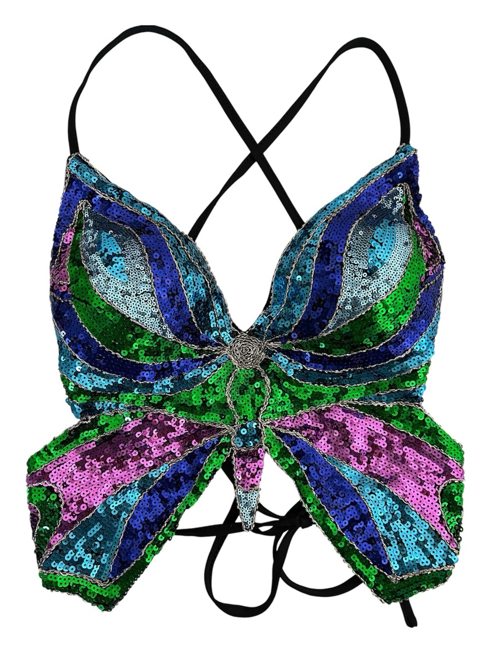 Sequin butterfly strappy tank backless top shirt